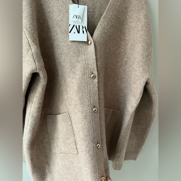 ZARA GOLD BUTTON CHUNKY KNIT CARDIGAN SWEATER TAN L - Picture 5 of 7